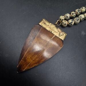 Dalmatian Jasper Wood In Lay Pendant Necklace Beaded Neutral Natural